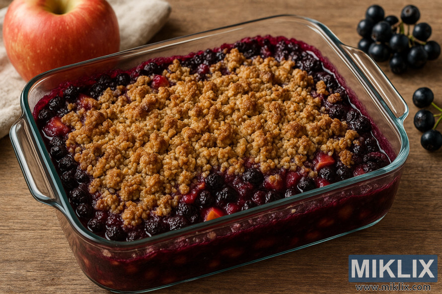 Freshly baked aronia-apple crisp in a glass baking dish with golden oat topping on a wooden table surrounded by apples and berries.