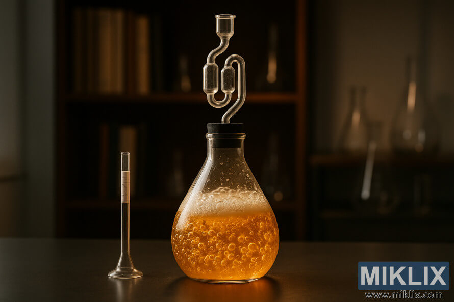 Chombo cha glasi cha kuchachisha kinachobubujika na bia ya dhahabu katika mazingira ya maabara ya kisayansi yenye joto.