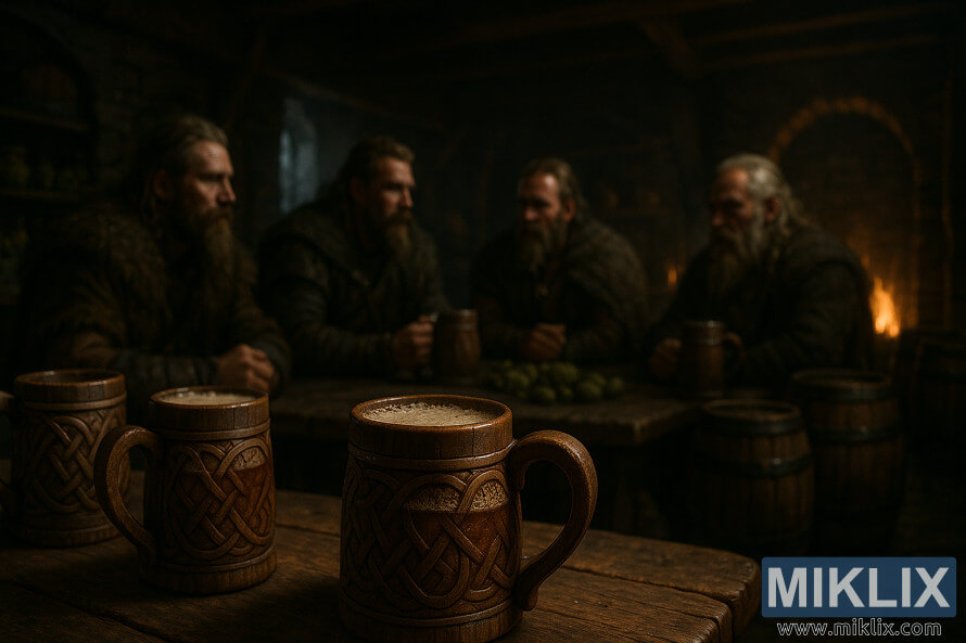 Wapiganaji wa Viking katika tavern hafifu na tanki za mbao za amber ale kwenye meza, zikiwashwa na makaa yenye kumeta-meta.