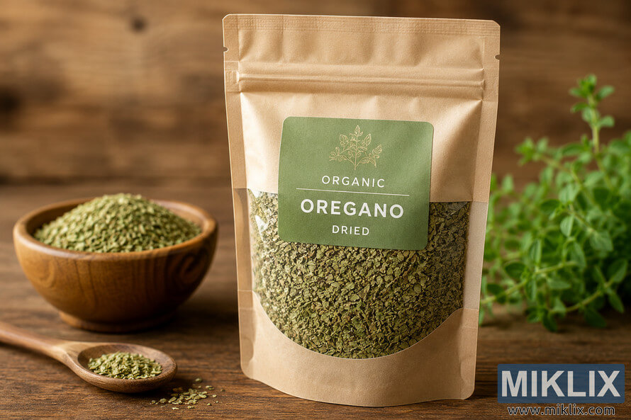 High-resolution landscape product photo of organic dried oregano packaged in a resealable kraft paper stand-up pouch with a transparent window, displayed on a rustic wooden tabletop beside a wooden bowl and spoon filled with oregano, with fresh oregano sprigs in the background under warm natural lighting. High-resolution landscape product photo of organic dried oregano packaged in a resealable kraft paper stand-up pouch with a transparent window, displayed on a rustic wooden tabletop beside a wooden bowl and spoon filled with oregano, with fresh oregano sprigs in the background under warm natural lighting.