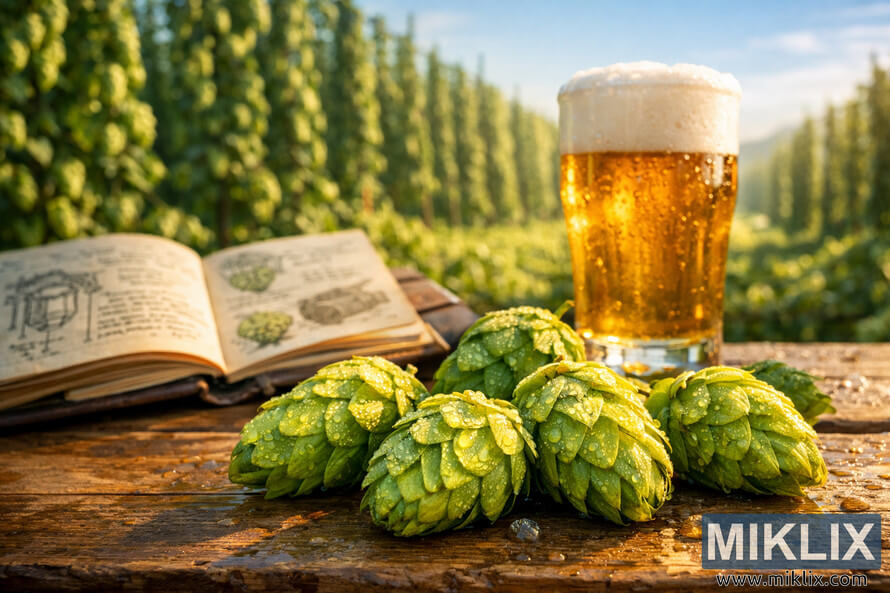 Close-up morning photograph of freshly harvested Pocket Talisman hop cones resting on a rustic wooden surface, covered in glistening dew. Close-up morning photograph of freshly harvested Pocket Talisman hop cones resting on a rustic wooden surface, covered in glistening dew.