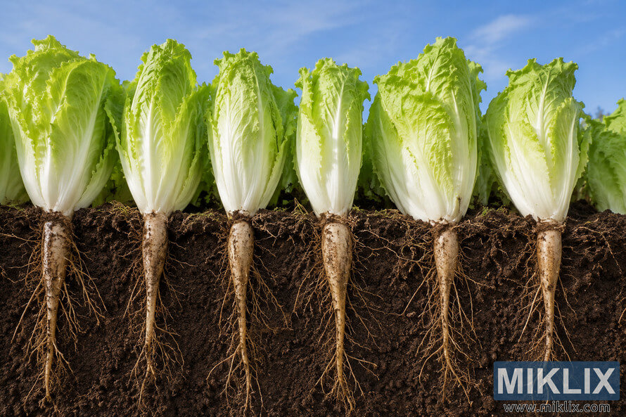 High-resolution landscape image of endive plants growing in an agricultural field, shown in a soil cross-section with detailed leafy structure above ground and exposed root systems extending deep into dark fertile earth beneath a blue sky. High-resolution landscape image of endive plants growing in an agricultural field, shown in a soil cross-section with detailed leafy structure above ground and exposed root systems extending deep into dark fertile earth beneath a blue sky.