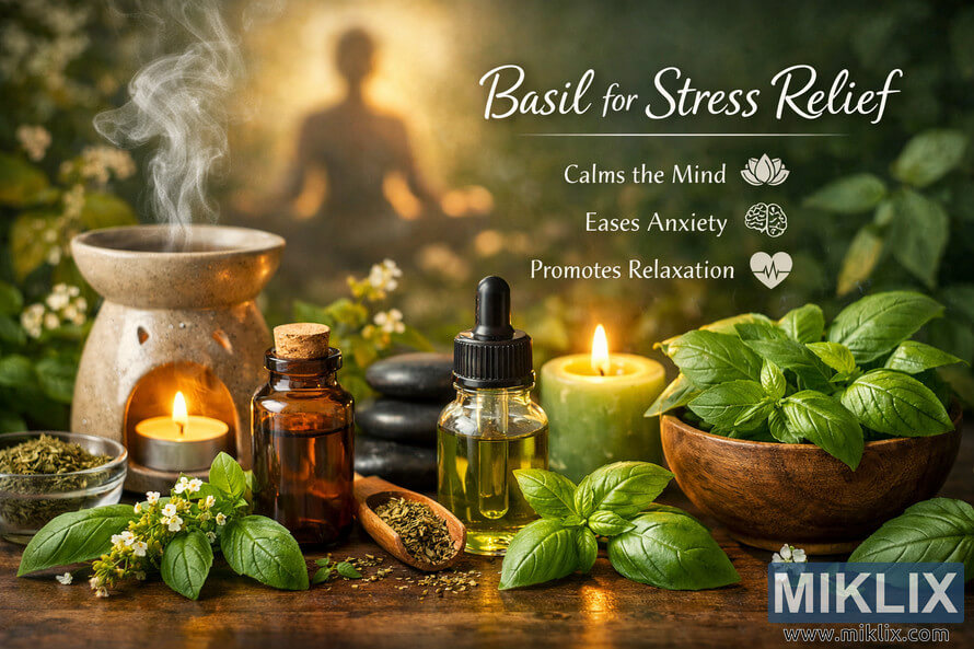 A serene aromatherapy setup featuring basil essential oil bottles, fresh basil leaves, a ceramic diffuser, and a glowing candle arranged on a wooden surface with soft golden light and a blurred meditative figure in the background, symbolizing mental calm and stress relief.