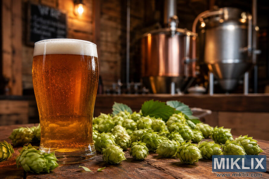 Landscape photograph of a beautifully poured amber pale ale with a creamy white head on a rustic wooden table surrounded by fresh green hop cones, with softly blurred brewing equipment and warm ambient lighting creating an inviting craft brewery atmosphere.