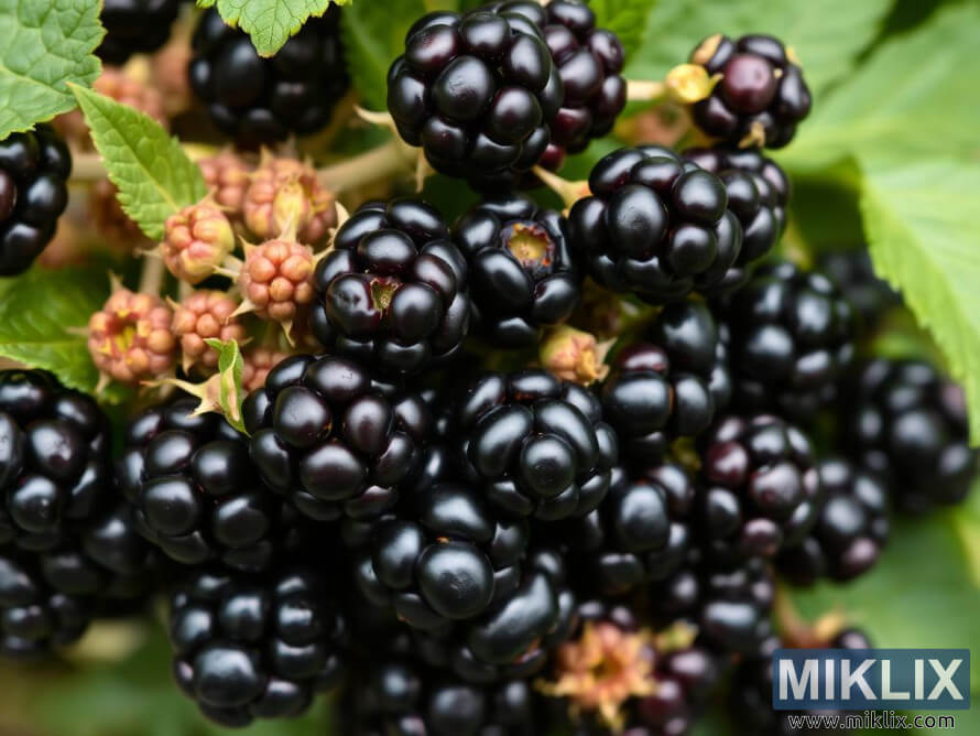Ripe blackberries on a bush with green leaves, some unripe berries visible.