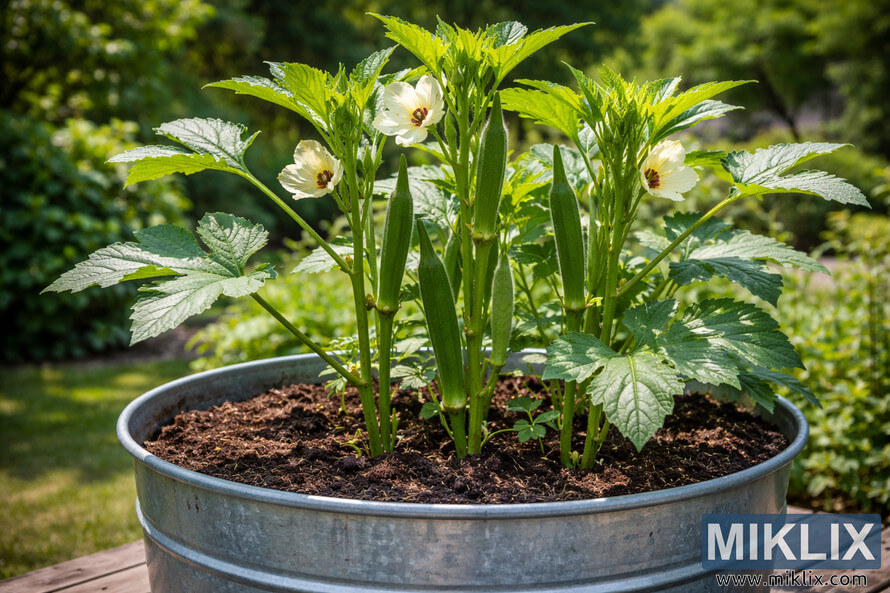 Healthy green okra plant growing in a large container pot on a patio with broad leaves and developing okra pods