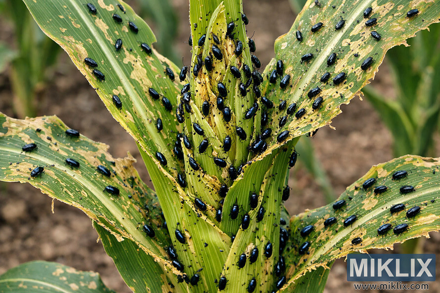 Close-up of a corn plant leaf and whorl covered with numerous black corn flea beetles feeding and causing visible leaf damage.