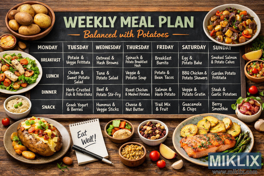 A detailed weekly meal plan chart featuring balanced potato-based dishes for each day, surrounded by colorful plates of meals and fresh ingredients on a rustic wooden surface. A detailed weekly meal plan chart featuring balanced potato-based dishes for each day, surrounded by colorful plates of meals and fresh ingredients on a rustic wooden surface.