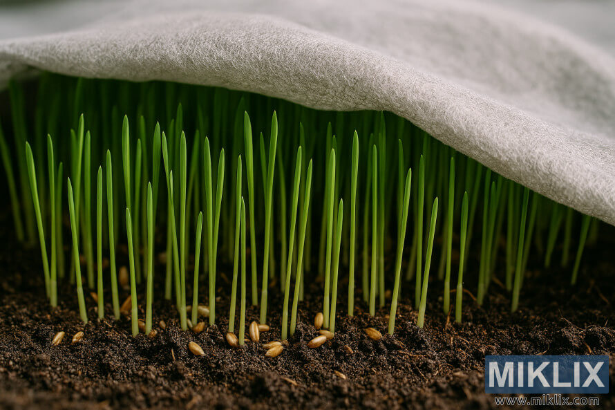 Close-up of wheatgrass sprouts growing under a light gray fabric cover