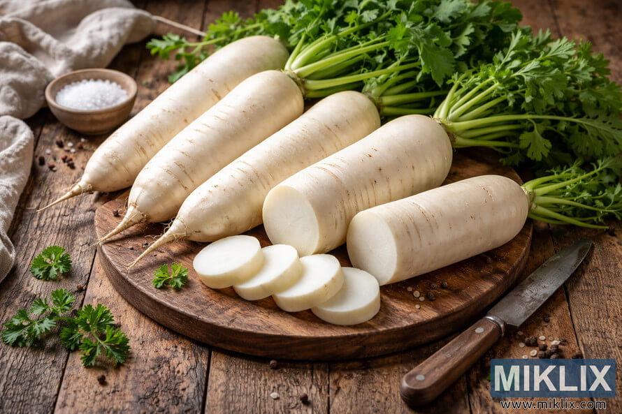 Fresh daikon radishes with green tops arranged on a rustic wooden table with sliced pieces, peppercorns, sea salt, and a vintage knife.