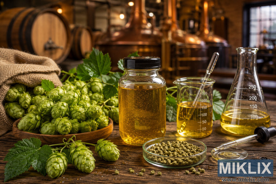 Fresh green hop cones covered in dew are displayed beside scientific brewing equipment and a jar of golden hop extract in a warm rustic brewery setting with wooden barrels and copper kettles in the background. Fresh green hop cones covered in dew are displayed beside scientific brewing equipment and a jar of golden hop extract in a warm rustic brewery setting with wooden barrels and copper kettles in the background.