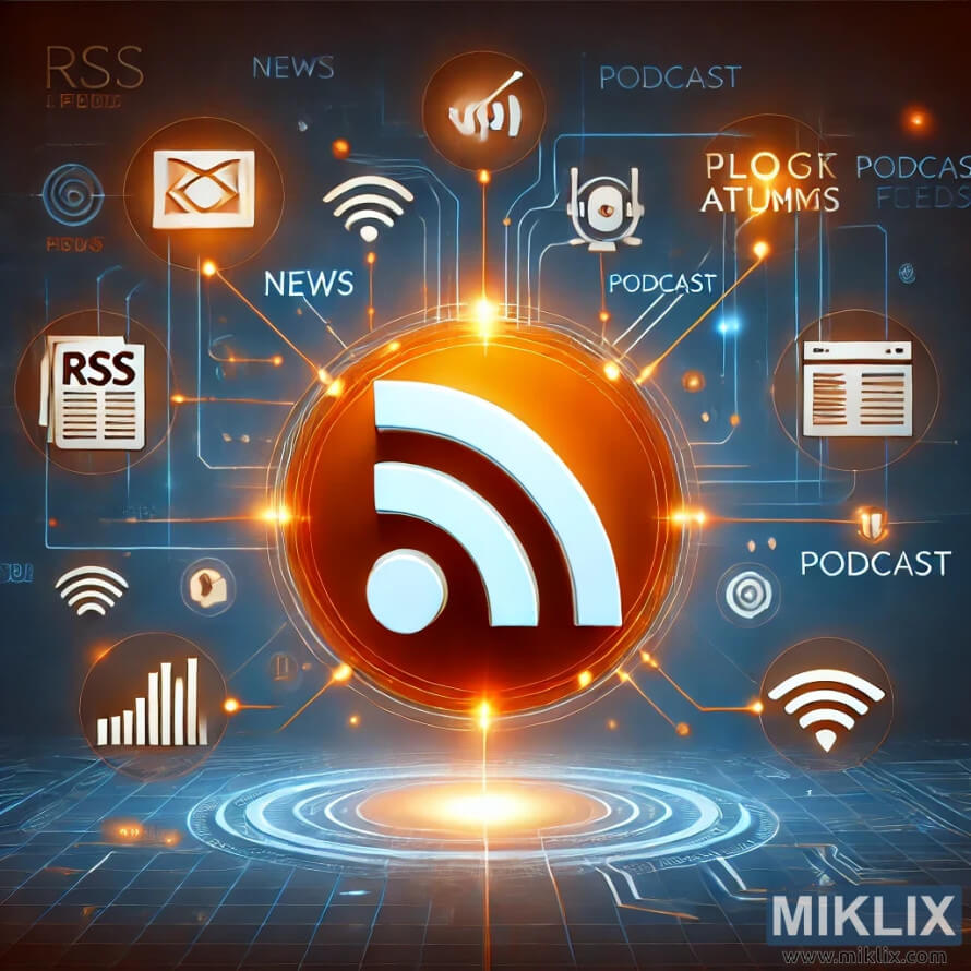 Futuristic RSS feed icon with digital connections for news, blogs, and podcasts.