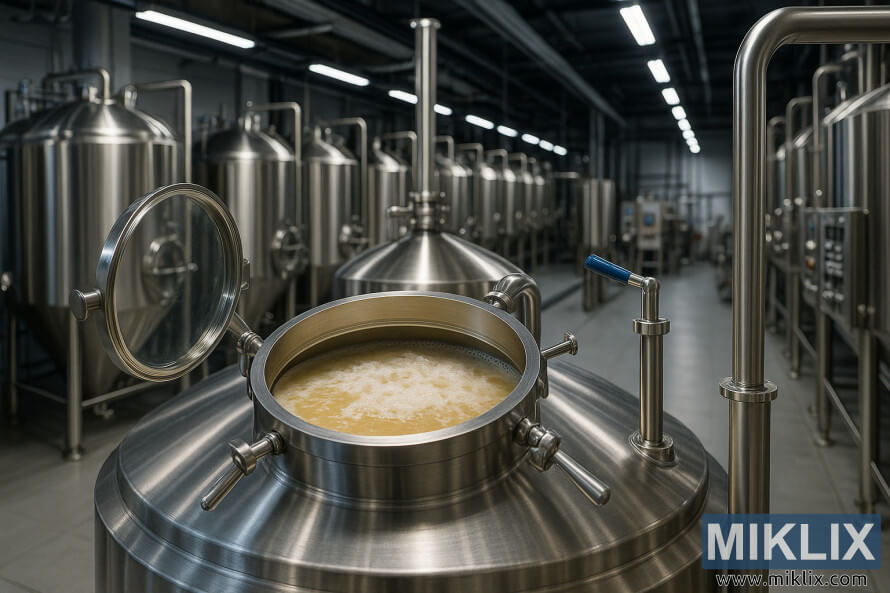 Stainless steel fermentation tank sa isang modernong brewery na may Belgian Witbier na aktibong nagbuburo sa loob. Stainless steel fermentation tank sa isang modernong brewery na may Belgian Witbier na aktibong nagbuburo sa loob.