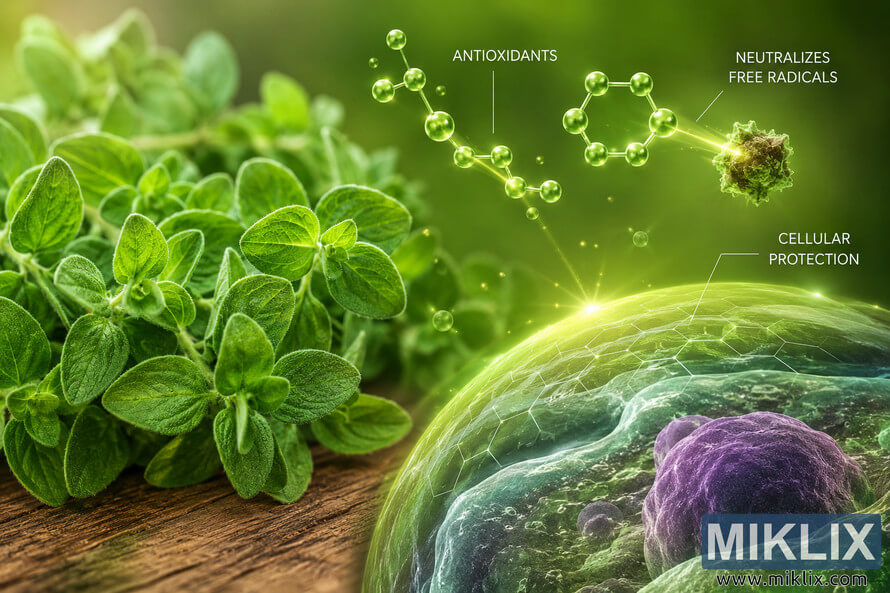 Close-up landscape illustration of fresh green oregano leaves paired with glowing antioxidant molecule graphics and a protective cellular membrane concept, symbolizing natural antioxidants neutralizing free radicals and supporting cellular protection. Close-up landscape illustration of fresh green oregano leaves paired with glowing antioxidant molecule graphics and a protective cellular membrane concept, symbolizing natural antioxidants neutralizing free radicals and supporting cellular protection.