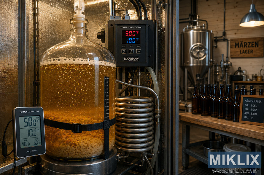 Glass carboy fermenting Märzen lager at 50°F inside a temperature-controlled brewery setup with cooling coils, digital thermometer, stainless steel tanks, and brewing equipment in the background. Glass carboy fermenting Märzen lager at 50°F inside a temperature-controlled brewery setup with cooling coils, digital thermometer, stainless steel tanks, and brewing equipment in the background.