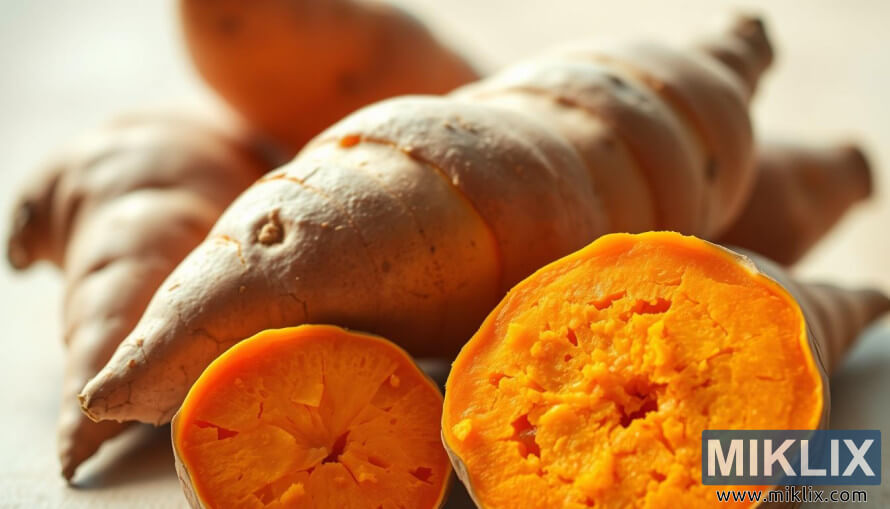 Zbliżenie Åwieżych sÅodkich ziemniaków z pokrojonÄ
czÄÅciÄ
ukazujÄ
cÄ
intensywnie pomaraÅczowy miÄ
ższ. Zbliżenie Åwieżych sÅodkich ziemniaków z pokrojonÄ
czÄÅciÄ
ukazujÄ
cÄ
intensywnie pomaraÅczowy miÄ
ższ.