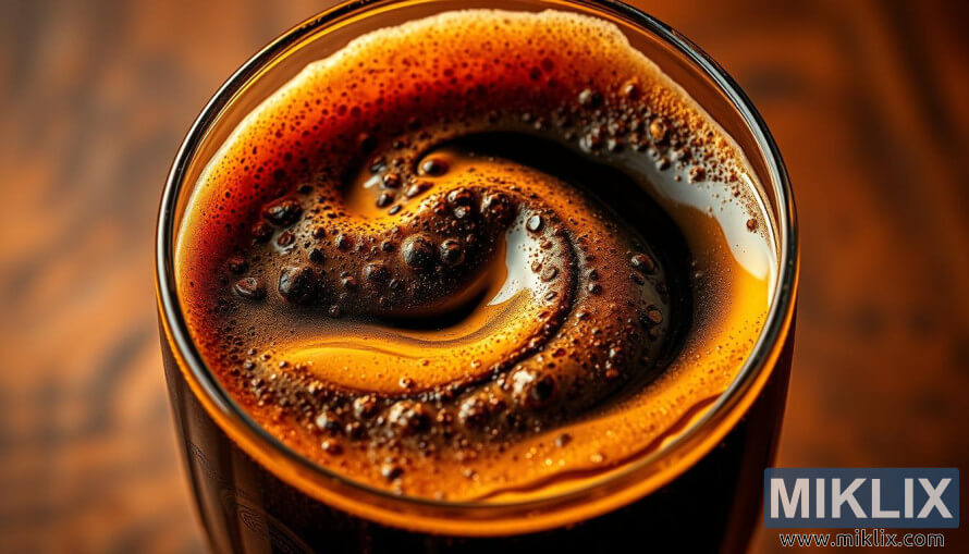 Pahar de cristal cu bere neagrÄ de malÈ, cu o nuanÈÄ intensÄ, strÄlucind sub o luminÄ aurie caldÄ.