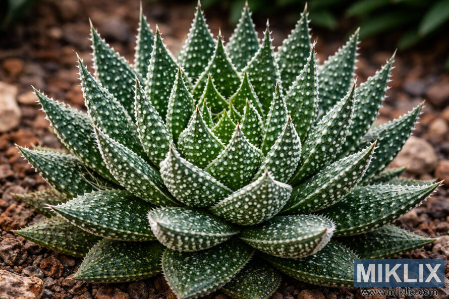 Fotografia de alta resolução de uma Aloe rendada (Aloe aristata) mostrando uma roseta verde simétrica com folhas manchadas de branco crescendo em solo rochoso. Fotografia de alta resolução de uma Aloe rendada (Aloe aristata) mostrando uma roseta verde simétrica com folhas manchadas de branco crescendo em solo rochoso.