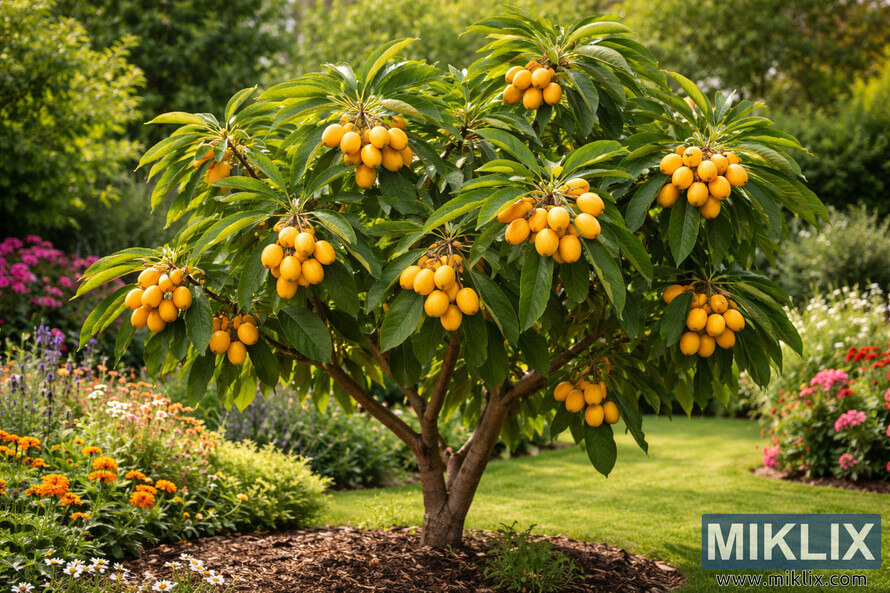 Loquat tree growing in a lush home garden with clusters of ripe yellow-orange fruit among glossy green leaves. Loquat tree growing in a lush home garden with clusters of ripe yellow-orange fruit among glossy green leaves.