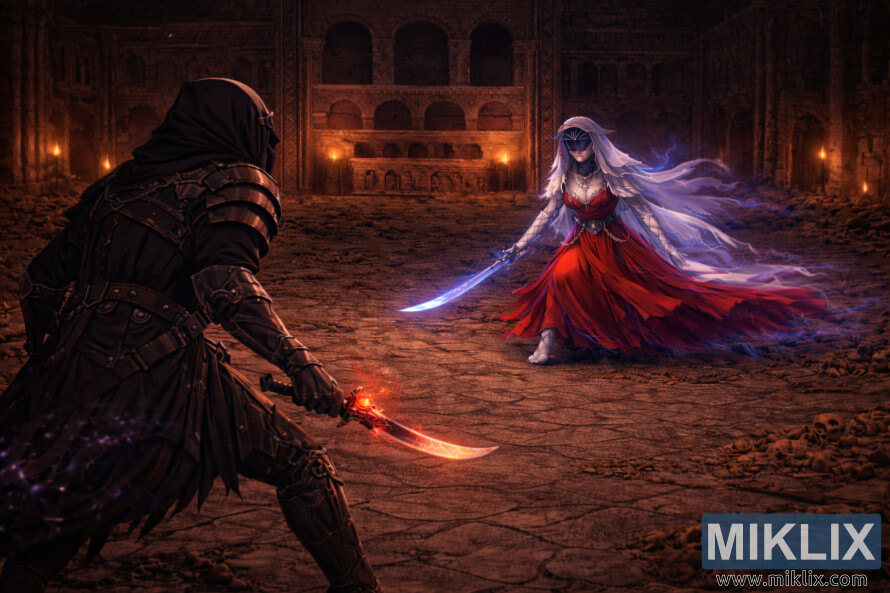 Wide over-the-shoulder anime-style view of the Tarnished facing the Dancer of Ranah at closer range inside a vast, torch-lit mausoleum.