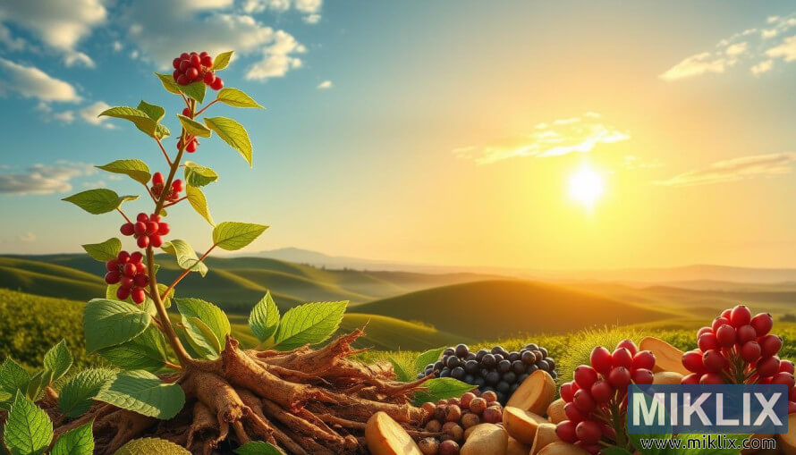 Ilustración de raÃces, hojas y bayas de Ashwagandha con un paisaje sereno y una luz solar dorada. Ilustración de raÃces, hojas y bayas de Ashwagandha con un paisaje sereno y una luz solar dorada.