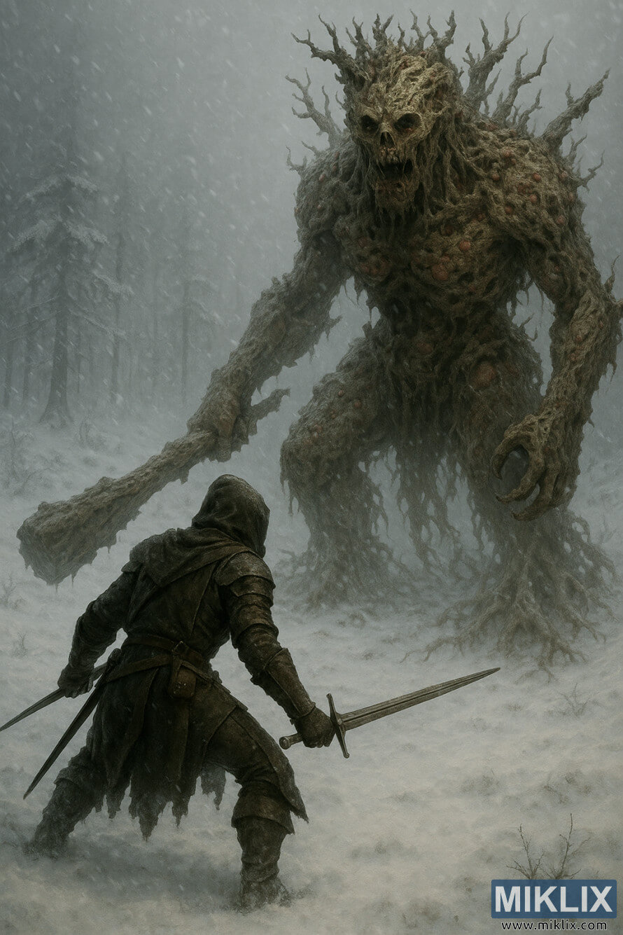 Jarumi mai rufaffe, mai sulke mai takuba biyu yana fuskantar wani dodo mai ruÉe mai kama da bishiya a cikin guguwa.