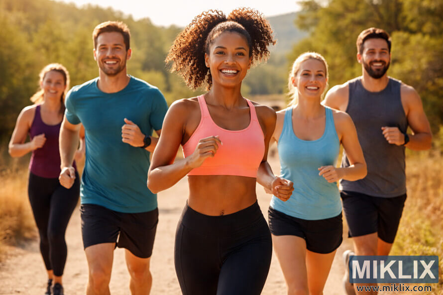 Seis adultos correndo juntos em uma trilha de terra ensolarada, em meio a uma paisagem rural verdejante, sorrindo e aproveitando um exercÃcio ao ar livre. Seis adultos correndo juntos em uma trilha de terra ensolarada, em meio a uma paisagem rural verdejante, sorrindo e aproveitando um exercÃcio ao ar livre.