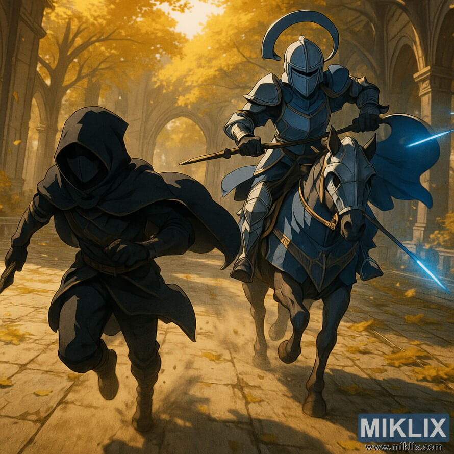 Anime-style scene showing Loretta, Knight of the Haligtree, chasing the Black Knife assassin through a golden-lit courtyard beneath the Haligtree.