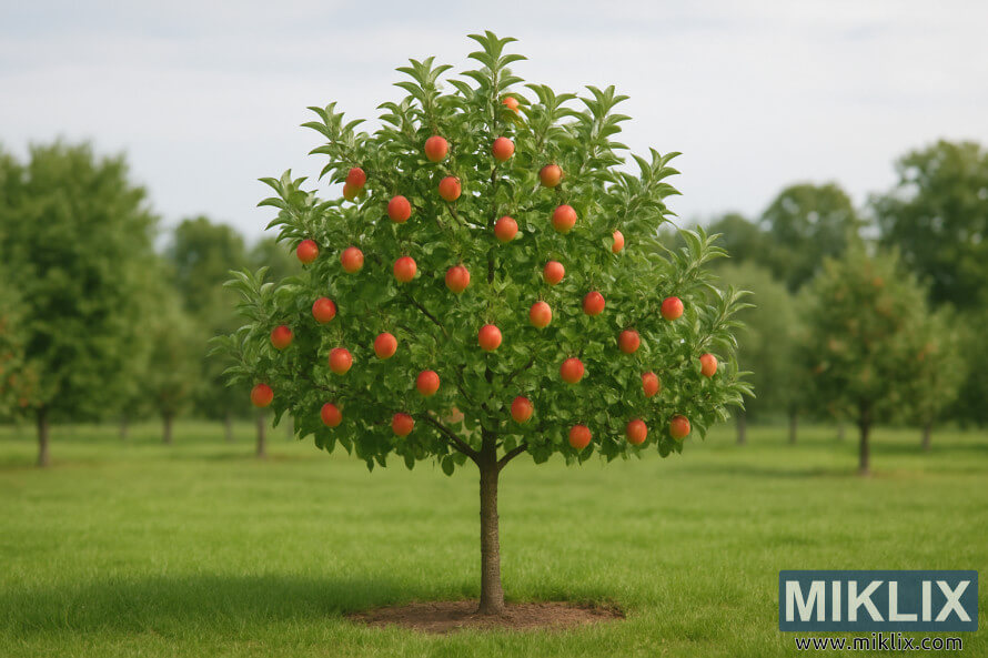 Pokok epal tunggal dengan buah merah dan kuning di kebun yang terawat baik di bawah cahaya matahari.
