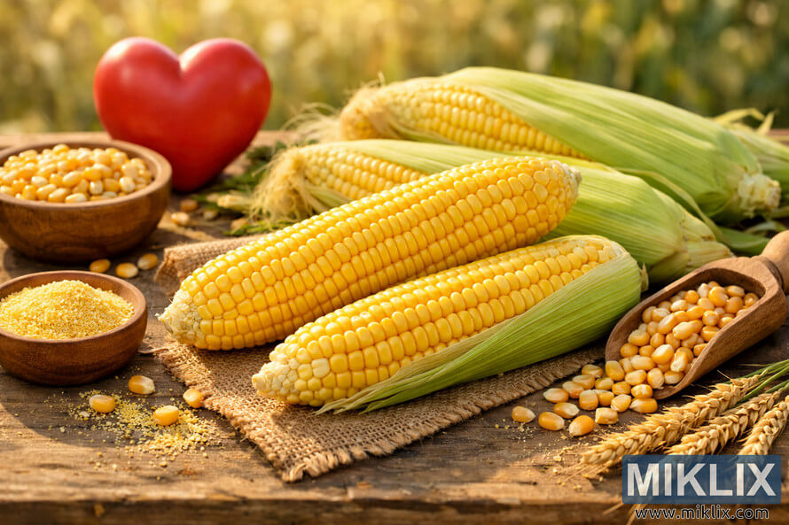Fresh corn on the cob arranged on a rustic wooden table with a red heart symbolizing heart health and whole grain nutrition. Fresh corn on the cob arranged on a rustic wooden table with a red heart symbolizing heart health and whole grain nutrition.