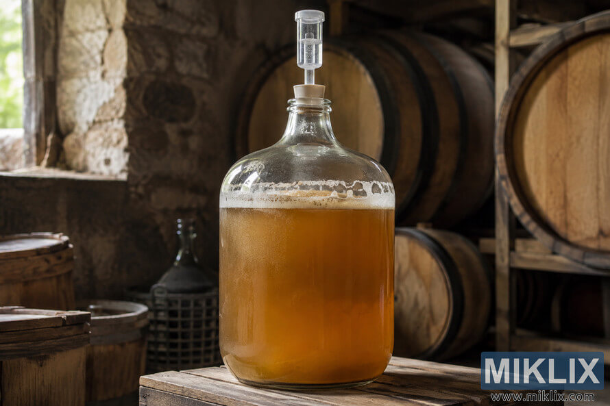 Glass carboy filled with hazy amber liquid and fitted with an airlock, standing on a wooden crate among barrels in a rustic stone cellar. Glass carboy filled with hazy amber liquid and fitted with an airlock, standing on a wooden crate among barrels in a rustic stone cellar.