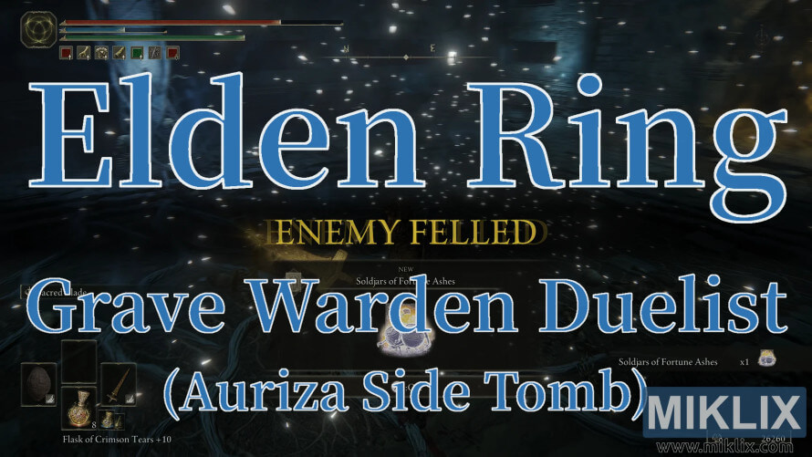 Elden Ring screenshot showing 'ENEMY FELLED' after defeating Grave Warden Duelist in Auriza Side Tomb. Elden Ring screenshot showing 'ENEMY FELLED' after defeating Grave Warden Duelist in Auriza Side Tomb.
