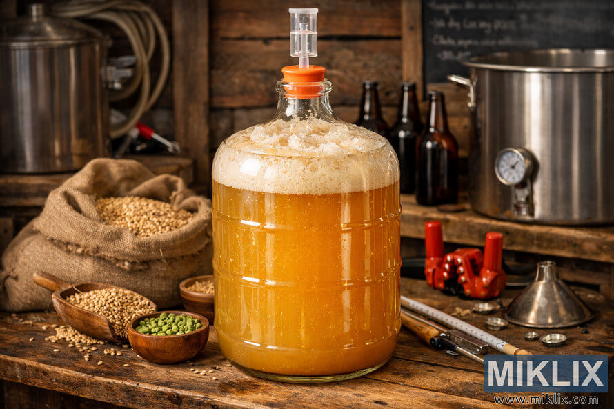 American Hefeweizen fermenting in a glass carboy with foamy krausen and airlock, set in a rustic homebrewing environment with barley, hops, and brewing equipment. American Hefeweizen fermenting in a glass carboy with foamy krausen and airlock, set in a rustic homebrewing environment with barley, hops, and brewing equipment.