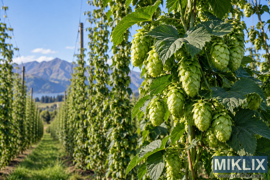 Close-up of green Goldings (NZ) hop cones and leafy bines growing on trellises in a sunny New Zealand hop garden, with rows of hops and mountains in the distance.