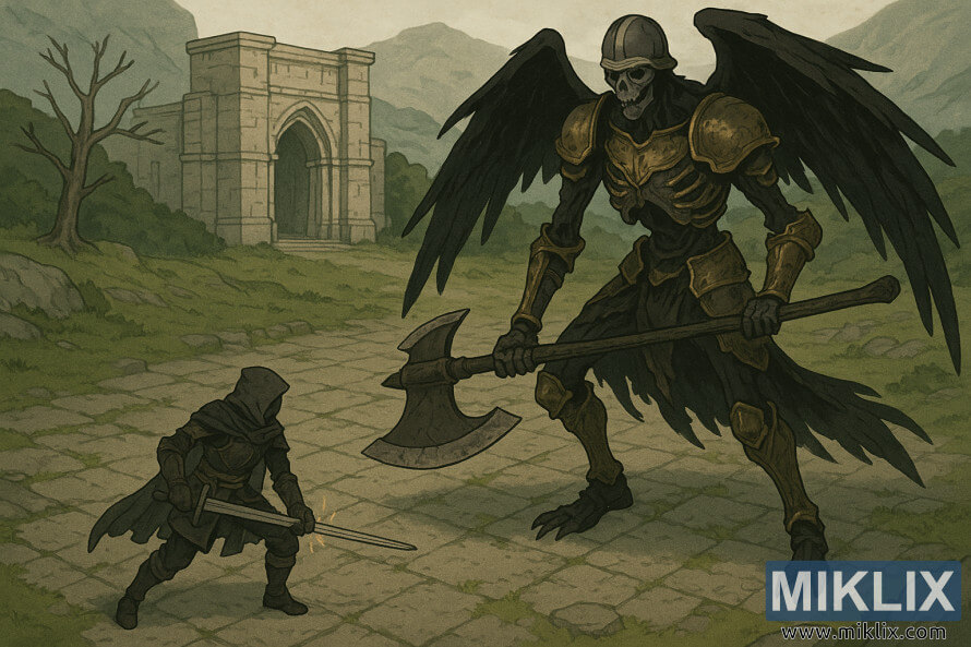 Escena isométrica de estilo anime de un Tarnished enfrentándose a un imponente Black Blade Kindred con un hacha afuera del Bestial Sanctum. Escena isométrica de estilo anime de un Tarnished enfrentándose a un imponente Black Blade Kindred con un hacha afuera del Bestial Sanctum.