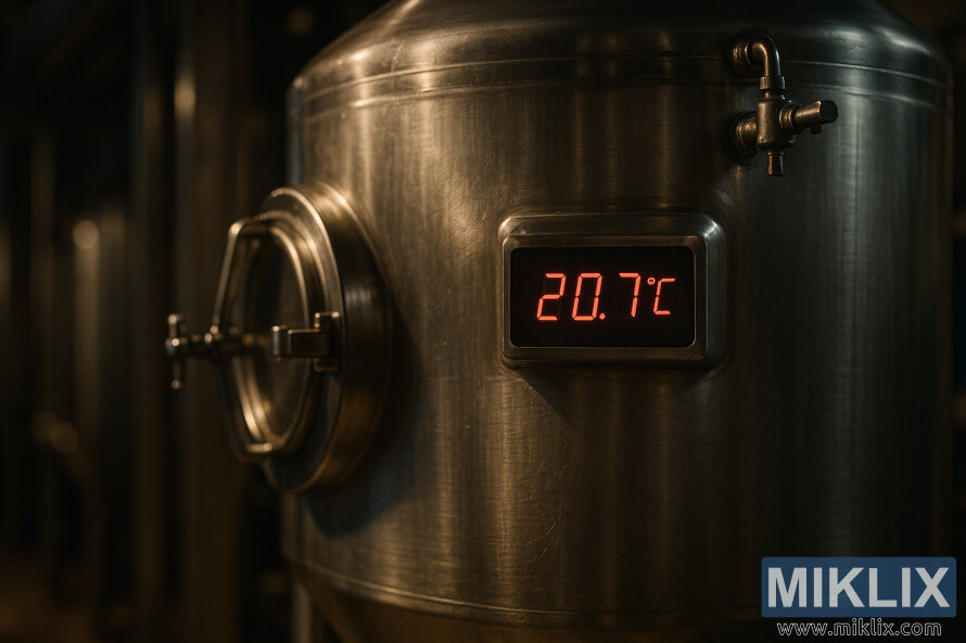 Tangi ya chuma cha pua ya kuchachisha yenye onyesho la halijoto ya kidijitali katika kiwanda cha pombe hafifu.