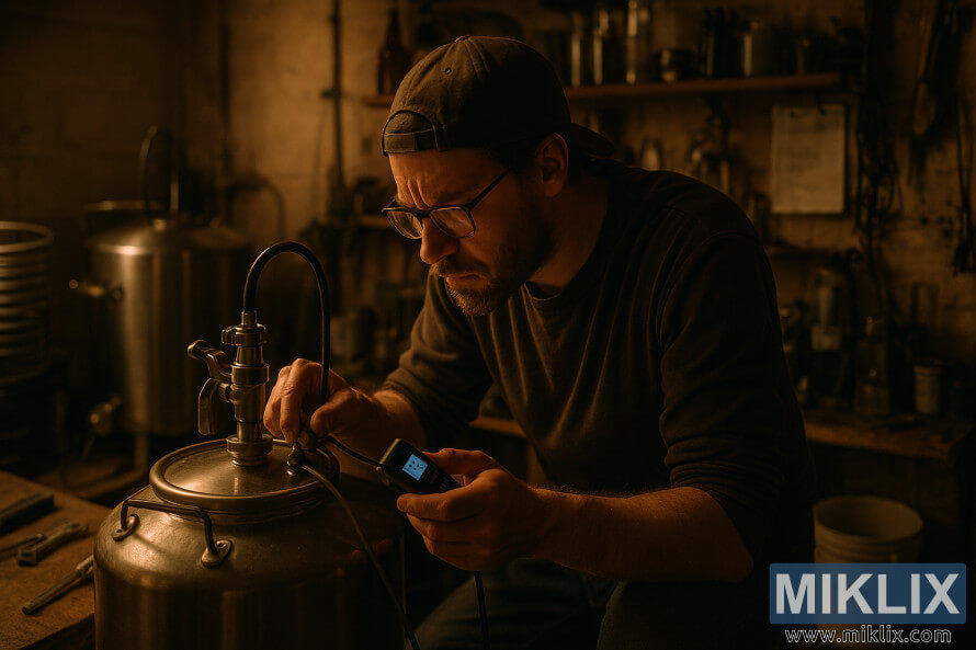 NjÃ« prodhues birre i pÃ«rqendruar rregullon njÃ« enÃ« fermentimi prej Ã§eliku inox nÃ« njÃ« fabrikÃ« birre shtÃ«piake me ndriÃ§im tÃ« zbehtÃ«, tÃ« ndriÃ§uar nga njÃ« dritÃ« e ngrohtÃ« e artÃ«.