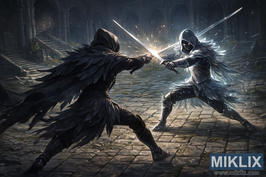 Um guerreiro de capa escura e armadura de Faca Negra choca lÃ¢minas com um mimic prateado brilhante num salÃ£o subterrÃ¢neo em ruÃ­nas.