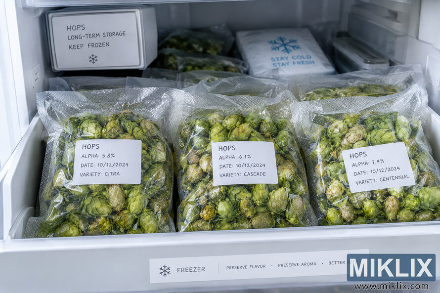 Landscape photo of green hop cones packed in labeled transparent vacuum-sealed bags and neatly stored inside a clean freezer for long-term preservation. Landscape photo of green hop cones packed in labeled transparent vacuum-sealed bags and neatly stored inside a clean freezer for long-term preservation.