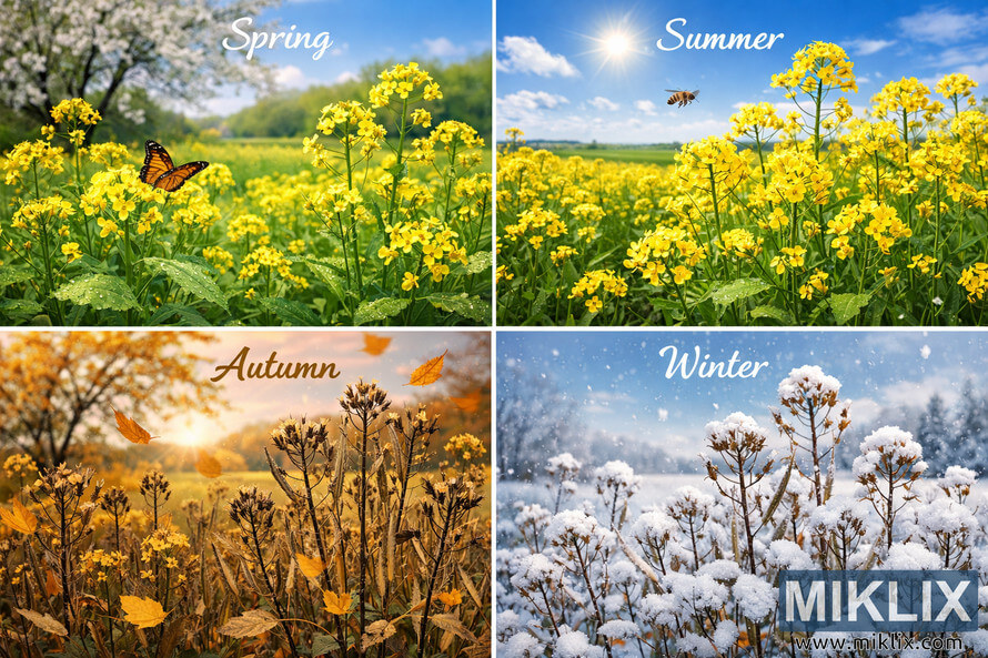 Landscape collage showing mustard plants across the four seasons: blooming yellow flowers in spring, lush summer field with bees, dried autumn stalks with falling leaves, and snow-covered plants in winter.