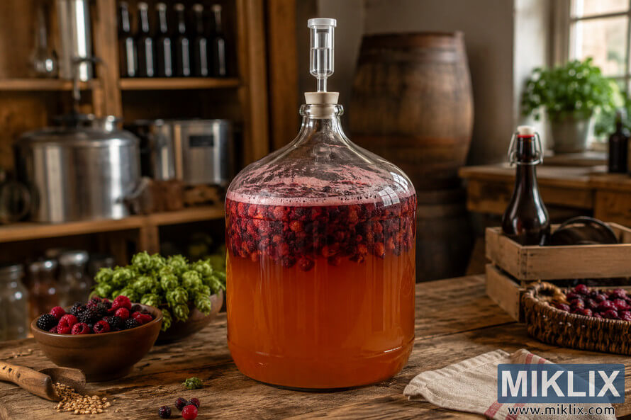 A glass carboy filled with fermenting fruited beer sits on a rustic wooden table in a traditional homebrewing setting, surrounded by fresh berries, hops, brewing equipment, and warm natural light. A glass carboy filled with fermenting fruited beer sits on a rustic wooden table in a traditional homebrewing setting, surrounded by fresh berries, hops, brewing equipment, and warm natural light.
