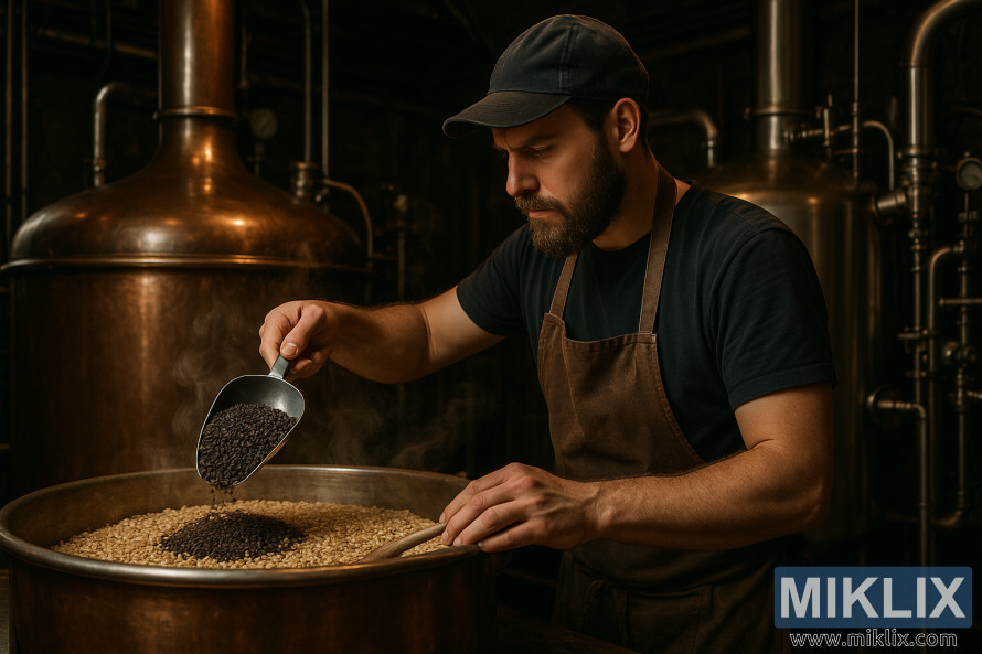 Matakan Brewer sun cire malt Éin Carafa malt a cikin gidan girki mai duhu tare da tulun jan karfe da tururi. Matakan Brewer sun cire malt Éin Carafa malt a cikin gidan girki mai duhu tare da tulun jan karfe da tururi.