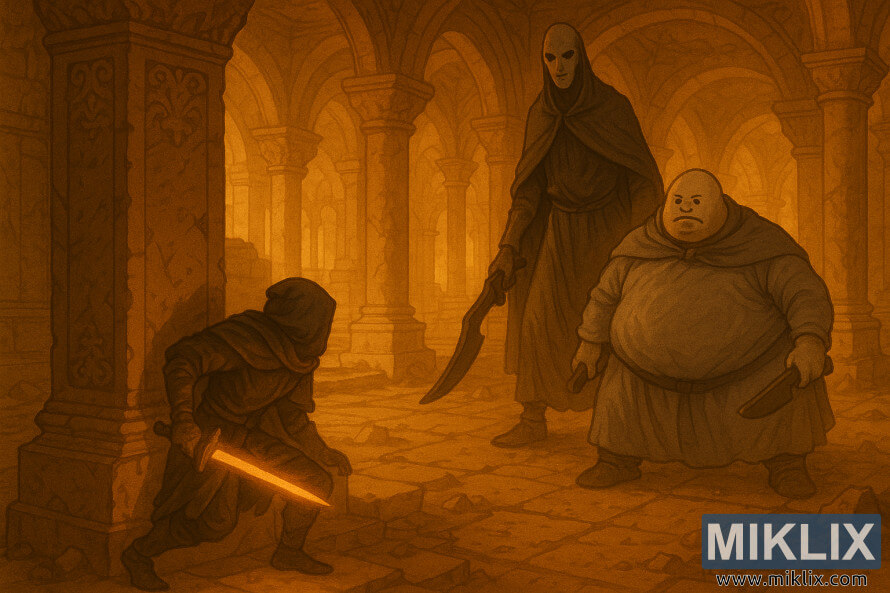 A hooded warrior in Black Knife armor hides behind a pillar, sword glowing gold, as the Godskin Duoâone tall and thin, the other short and bloatedâapproach amid the golden ruins of the Dragon Temple.