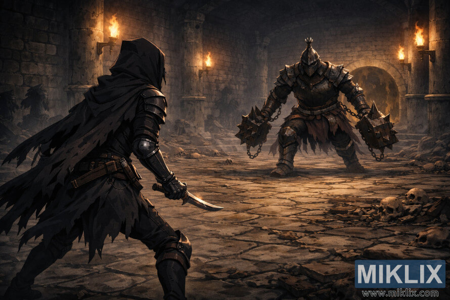 Wide anime-style view of the Tarnished seen from behind facing the Grave Warden Duelist in the torchlit Murkwater Catacombs moments before combat.