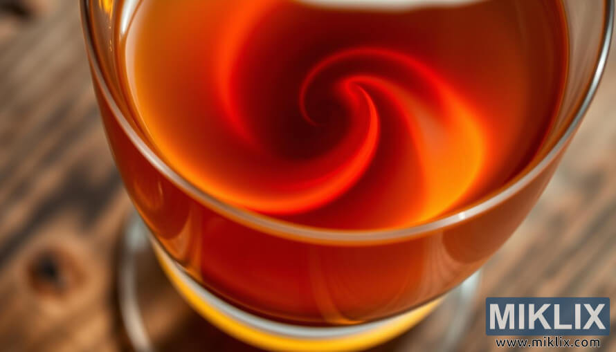 Prim-plan al unui pahar cu lichid chihlimbar Ã®nchis pe lemn rustic, Ã®ntr-o luminÄ caldÄ Èi blÃ¢ndÄ.