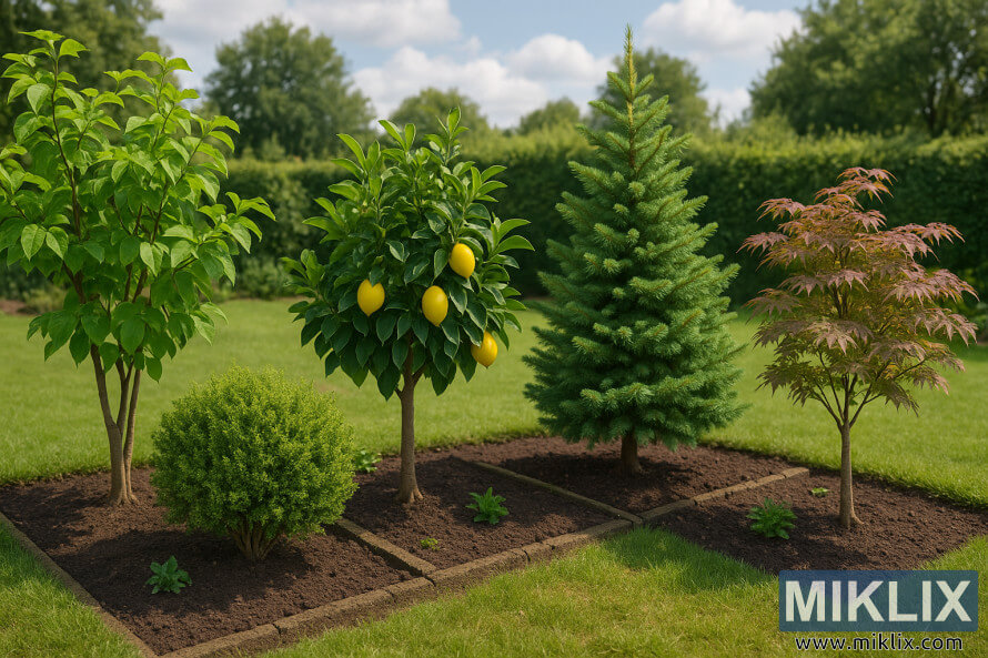 Jardin avec des arbres adaptÃ©s aux dÃ©butants dans des plates-bandes surÃ©levÃ©es et une pelouse verte luxuriante.