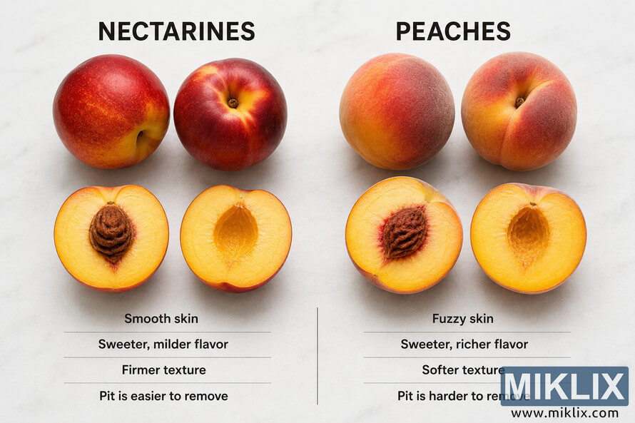 A high-resolution overhead comparison image showing nectarines on the left and peaches on the right against a white marble background. Whole and halved fruits are arranged in a clean infographic layout with labels describing differences in skin texture, flavor, texture, and pit removal. Nectarines are shown with smooth glossy skin, while peaches display their characteristic fuzzy surface. A high-resolution overhead comparison image showing nectarines on the left and peaches on the right against a white marble background. Whole and halved fruits are arranged in a clean infographic layout with labels describing differences in skin texture, flavor, texture, and pit removal. Nectarines are shown with smooth glossy skin, while peaches display their characteristic fuzzy surface.