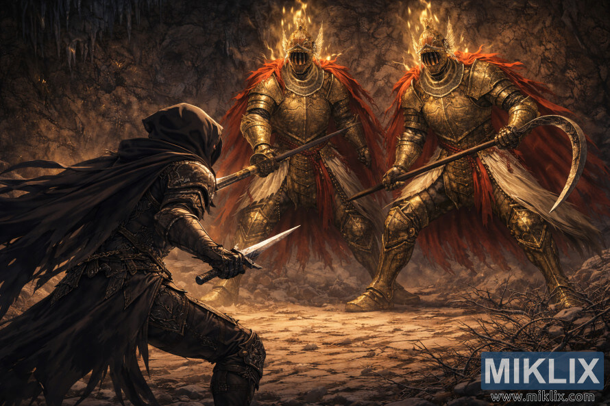 ಎಲ್ಡನ್ ರಿಂಗ್‌ನಿಂದ ಪರಿತ್ಯಕ್ತ ಗುಹೆಯೊಳಗೆ ಈಟಿ ಮತ್ತು ಕುಡುಗೋಲು ಹೊಂದಿರುವ ಎರಡು ಸಮಾನ ಎತ್ತರದ ಕ್ಲೀನ್‌ರೋಟ್ ನೈಟ್‌ಗಳನ್ನು ಎದುರಿಸುತ್ತಿರುವ ಕಪ್ಪು ನೈಫ್ ರಕ್ಷಾಕವಚದಲ್ಲಿ ಹಿಂದಿನಿಂದ ಟಾರ್ನಿಶ್ಡ್ ಅನ್ನು ತೋರಿಸುವ ಅನಿಮೆ ಶೈಲಿಯ ಅಭಿಮಾನಿ ಕಲೆ.