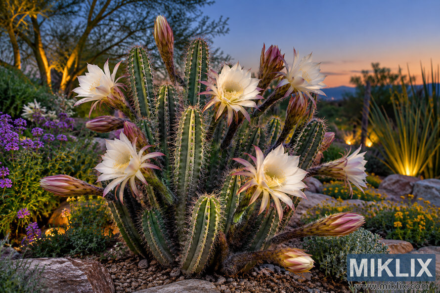 Night-blooming cereus cactus with white flowers and pink buds in a rocky desert garden at twilight Night-blooming cereus cactus with white flowers and pink buds in a rocky desert garden at twilight