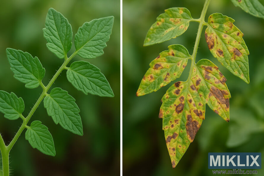 So sÃ¡nh giá»¯a lÃ¡ cÃ  chua xanh khá»e máº¡nh vÃ  lÃ¡ cÃ  chua Äá»m vÃ ng nÃ¢u bá» bá»nh.